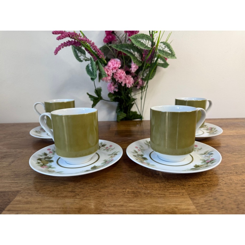 Vintage Mikasa Tawny Green Pink Sumay Cup Saucer Olive Floral Japan MCM